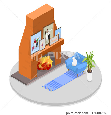 3D Isometric Flat  Illustration of Memory Pictures, Cozy and Warm Room Fireside 126087920