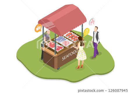 3D Isometric Flat  Illustration of Farmer Market, Display with Fresh Catch At Seafood Stall 126087945