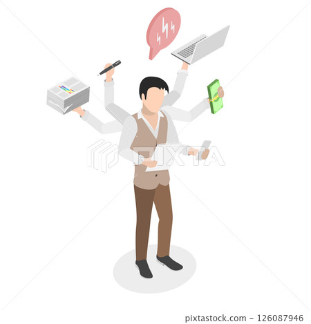 3D Isometric Flat  Illustration of Multitasking Businessman, Efficient Entrepreneur Juggling Multiple Tasks To Improve Productivity And Management Skills 126087946
