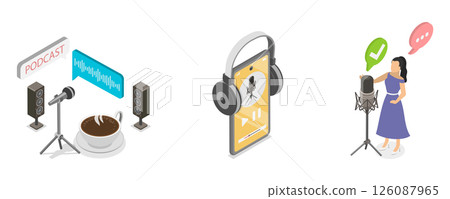 3D Isometric Flat Illustration of Podcast Scenes Set, Broadcasting, Online radio and Audio Streaming 3D Isometric Flat Illustration of Podcast Scenes Set, Broadcasting, Online radio and Audio Streaming 126087965