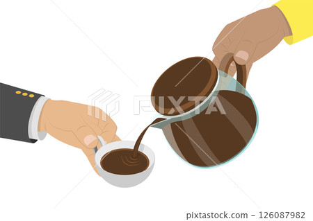3D Isometric Flat  Illustration of Coffee Beverage, Hands Pouring Coffee From To a Cup 126087982
