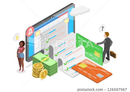 3D Isometric Flat  Illustration of Online Banking Receipt, Financial Bill Payment Calendar 126087987