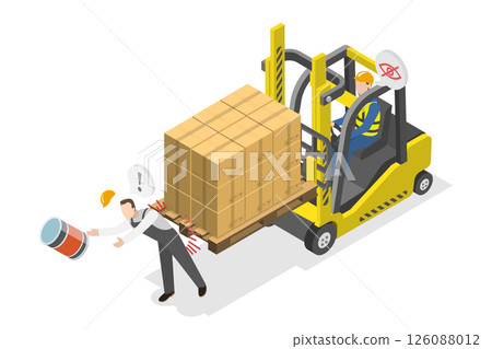 3D Isometric Flat  Illustration of Industrial Accident, Man Injured After Warehouse Forklift Truck With Cargo Collision 126088012
