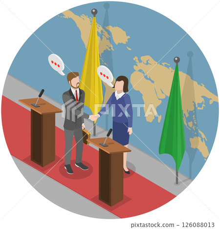 3D Isometric Flat  Illustration of Diplomacy, International Diplomats Gather For Negotiations And Signing Of Agreements 126088013