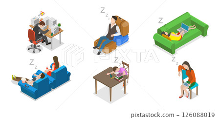 3D Isometric Flat  Illustration of Exhausted and Sleepy People, Fatigue and Drowsiness 126088019