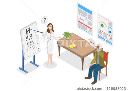 3D Isometric Flat  Illustration of Senior Eye Examination, Assessing Elderly Patients Vision 126088023
