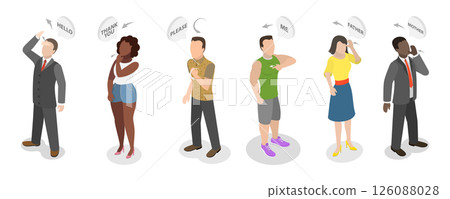 3D Isometric Flat  Illustration of Sign Language, Character Showing Simple Sign Language Phrases, Greetings, Thank You, Help, Family 126088028