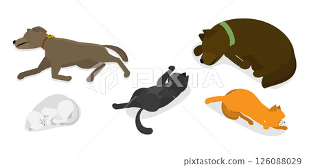 3D Isometric Flat  Illustration of Sleeping Pets, Adorable Sleeping Pets Collection Featuring Cats And Dogs 126088029