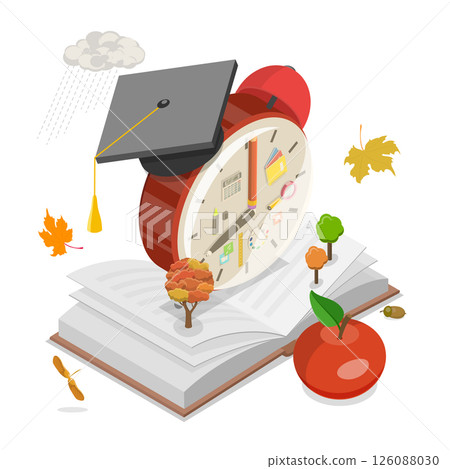 3D Isometric Flat Illustration of Back To School, School-Themed Background Featuring Alarm Clock And Graduation Cap 3D Isometric Flat Illustration of Back To School, School-Themed Background Featuring Alarm Clock And Graduation Cap 126088030