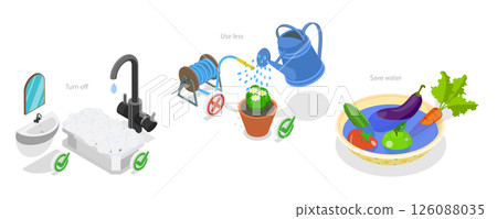 3D Isometric Flat  Illustration of Water Saving, Water Conservation And Saving Drinkable Resources 126088035
