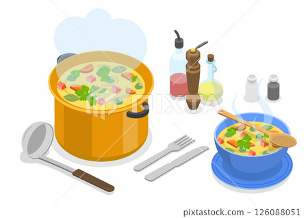 3D Isometric Flat Illustration of Delicious Vegetarian Food , Cooking Soup With Kitchen Tools, Spices, And Serving In A Hot Dish. 3D Isometric Flat Illustration of Delicious Vegetarian Food , Cooking Soup With Kitchen Tools, Spices, And Serving In A Hot Dish. 126088051