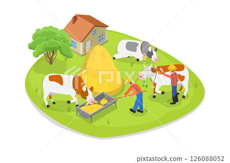 3D Isometric Flat Illustration of Rural Countryside, Agricultural Worker Providing Sustenance To Livestock 3D Isometric Flat Illustration of Rural Countryside, Agricultural Worker Providing Sustenance To Livestock 126088052