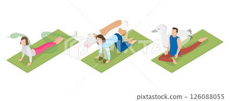 3D Isometric Flat  Illustration of Animal Yoga Poses, People Engaged In Animal-Inspired Yoga Exercises 126088055