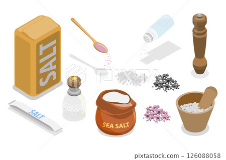 3D Isometric Flat  Set of Salt Containers and Other Items, Baking and Cooking Ingredient 126088058