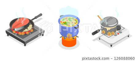 3D Isometric Flat  Set of Field Kitchen Elements, Cooking Food On Camp Stoves 126088060