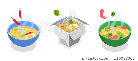 3D Isometric Flat  Set of Ramen Bowls, Chinese And Japanese Noodles 126088062