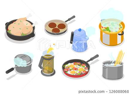 3D Isometric Flat  Set of Cooking Pans and Pots, Preparing Home Food 126088068