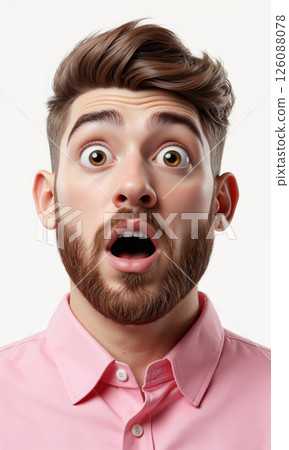 3D Character Man Surprised Face A stylized 3D male character with a beard and brown hair, wearing a pink shirt 126088078