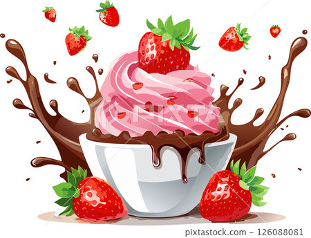 A fun and energetic image of pink strawberry ice cream topped with melting chocolate and flying strawberries, with an animated splash on a white background. 126088081