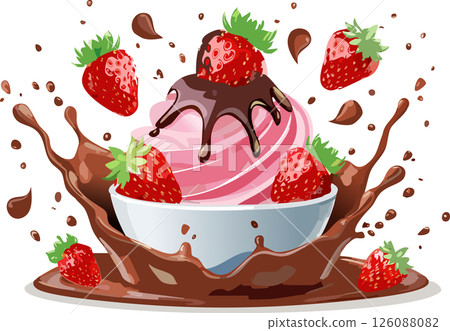 A swirl of pink strawberry ice cream with chocolate syrup splash and fresh strawberries, illustrated in a fun and colorful cartoon style on a white background. A swirl of pink strawberry ice cream with chocolate syrup splash and fresh strawberries, illustrated in a fun and colorful cartoon style on a white background. 126088082