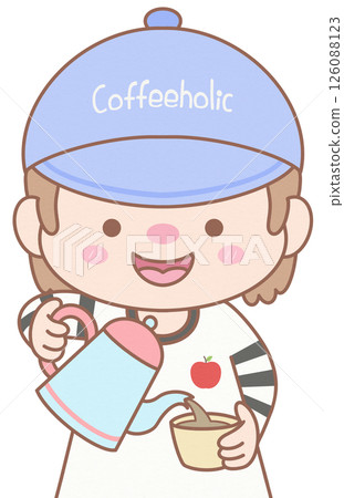 Cute Cartoon Barista Boy Pouring Hot Coffee 126088123