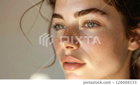 portrait of a young woman with freckles in soft... - Stock Illustration ...