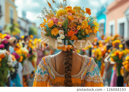 a parade participant at Feria de las Flores, carrying an elaborate flower arrangement on their back a parade participant at Feria de las Flores, carrying an elaborate flower arrangement on their back 126088193