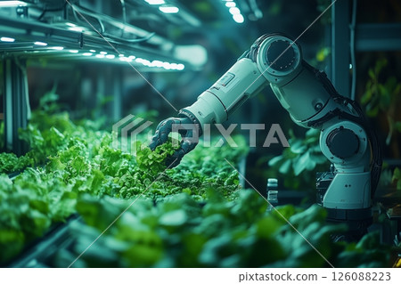 a robotic arm harvesting lettuce in a high tech indoor farm, sleek industrial design with bright LED grow lights, futuristic atmosphere 126088223