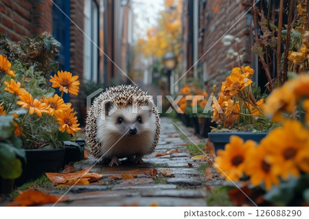 an environmental problem, wild animals in the city, a hedgehog exploring a small garden between urban housing 126088290