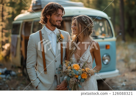 a groom in a linen suit and suspenders standing with a bride holding hands, with a vintage camper van in the background, decorated with boho style details 126088321
