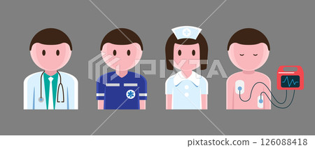 Cartoon illustration of CPR professionals team . There are doctor, paramedic or EMT, nurse and a patient connected to AED device . Vector . 126088418
