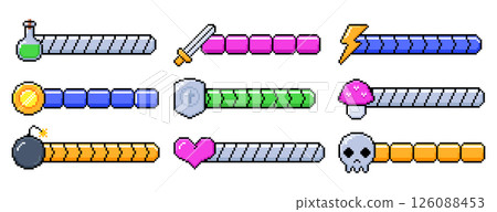 Pixel video game icons, loading progress bars or retro energy levels in 8bit retro style Pixel video game icons, loading progress bars or retro energy levels in 8bit retro style 126088453