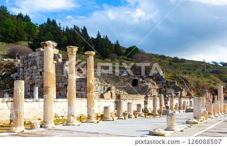 Remains of State Agora colonnade on background of Odeon in Ephesus 126088507