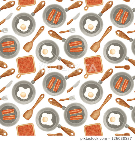 Seamless breakfast pattern with pans, eggs, bacon and utensils 126088587