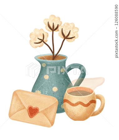 Cozy Still Life with Cotton Flowers Jug Coffee Cup and Envelope in Rustic Style Cozy Still Life with Cotton Flowers Jug Coffee Cup and Envelope in Rustic Style 126088590