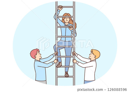 Two men hold ladder with girl for concept close-knit business team and career success Two men hold ladder with girl for concept close-knit business team and career success 126088596