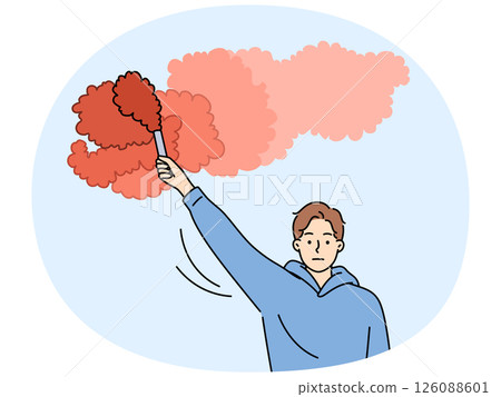 Man gives sos signal with red smoke needs support after unforeseen situation arises 126088601