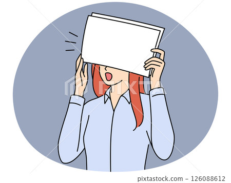 Shocked woman office worker covers eyes with paper after seeing serious mistake 126088612