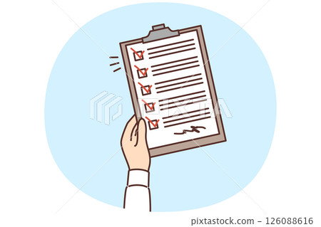 Man hand with clipboard with questionnaire consisting of checkboxes and signature Man hand with clipboard with questionnaire consisting of checkboxes and signature 126088616
