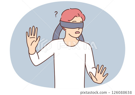 Frightened teen boy blindfolded trying to grope road of action in blind 126088638