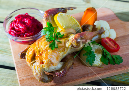 Partridge with cranberry sauce and grilled vegetables 126088722