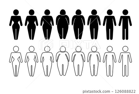 A man or woman diets and exercises from fat to fitness series frontal view. Figure and size person, body index mass. Vector A man or woman diets and exercises from fat to fitness series frontal view. Figure and size person, body index mass. Vector 126088822