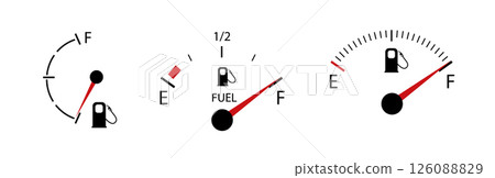Vehicle fuel. Simple digital indicator of vehicle fuel. Full and empty icons of gas and fuel meters, fuel pump. Vector 126088829