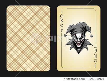 Playing card joker with the image of a jolly jester in a jesters cap. Black joker 126088921