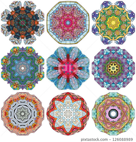 Set of colorful cute Mandalas. Decorative unusual round ornaments. Set of colorful cute Mandalas. Decorative unusual round ornaments. 126088989