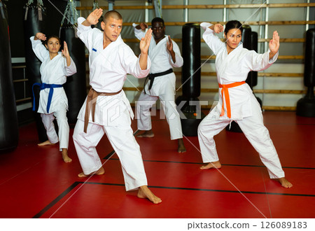 Polyethnic men and women in kimono exercising kata Polyethnic men and women in kimono exercising kata 126089183
