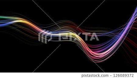 Abstract winding lines of different colors on a black background. Vector illustration in concept technology, science, music, modernity. 126089372