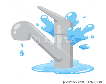 Illustration of a kitchen water supply breaking down and leaking 126089386