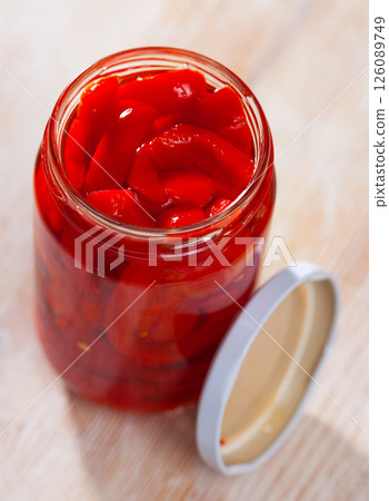 Canned red bell pepper in jar 126089749