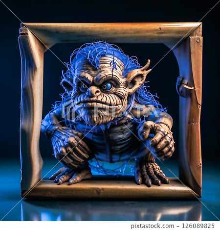 Portrait of a troll with an expressive face. In a wooden frame, a portrait image of a terrible and at the same time cute creature. AI generated.  126089825